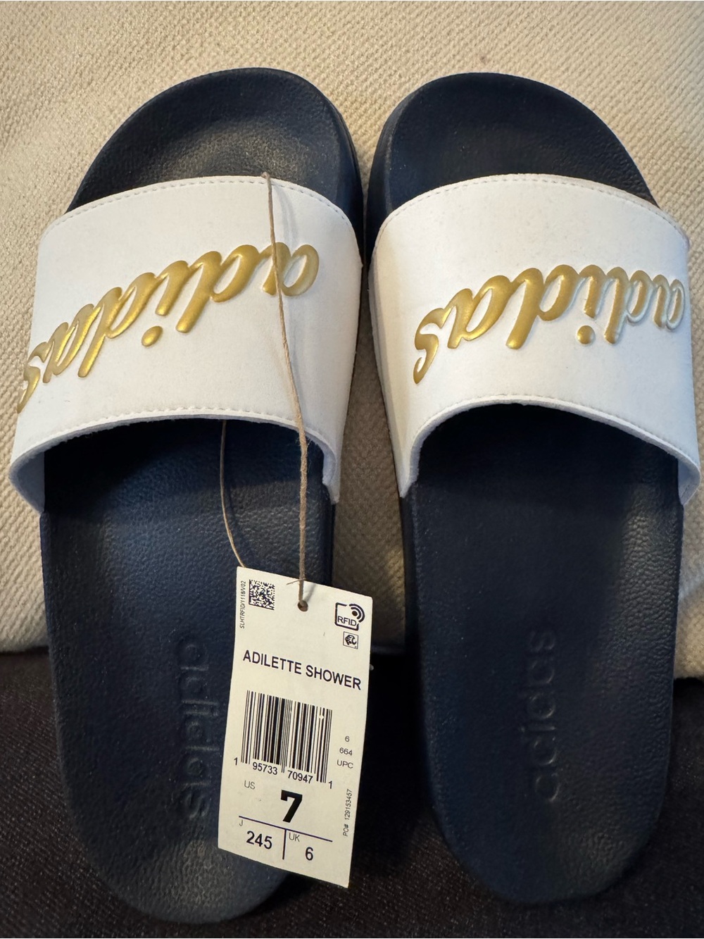 adidas White and Gold Slide Sandals - Adilette Shower